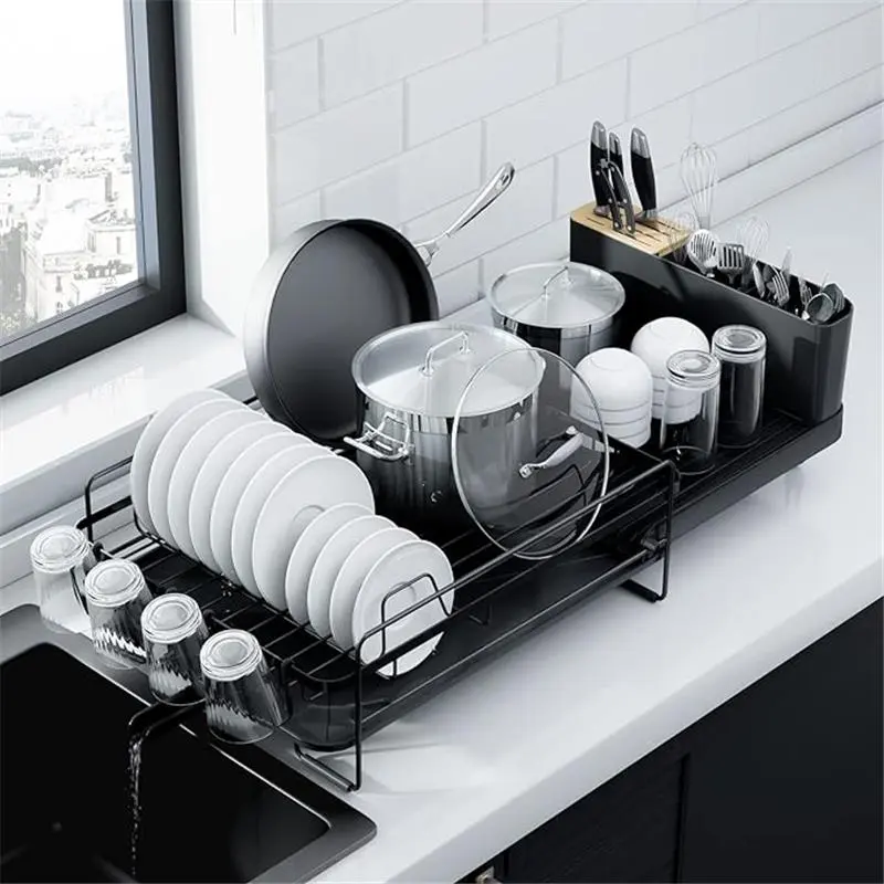 Extendable Dish Drying Rack with Drainboard and Rotatable Outlet,-Free Stainless Steel Kitchen Organizer, 27" L x 12.9" W, Black