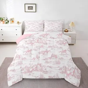 Pink Cowgirl Comforter Set,Vintage Western Cowgirl Quilted Horse Desert Bedding Set,Lightweight Soft Breathable Bedding