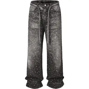 Men Baggy Rhinestone Jeans Wide Leg Denim Pants Vintage Sparkly Pearl Jeans Y2k Oversized Hip Hop Pants for Women(Sheets)
