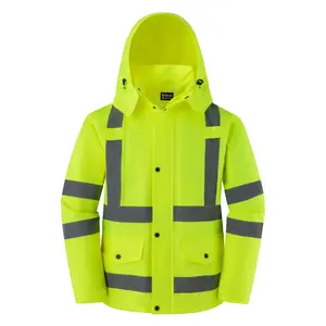 Men's Reflective Rain Jacket, Waterproof Hi Vis Rain Coat Safety High Visibility Raincoat with Detachable Hood