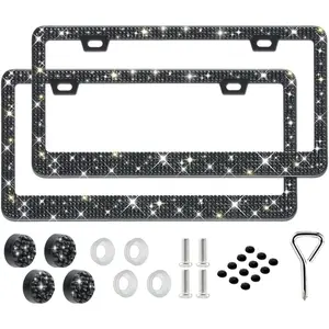 2 Pack Bling License Plate Frame for Women,Sparkly Rhinestone Stainless Steel License Plate Holder, Accessories with Glitter  Caps (Black)