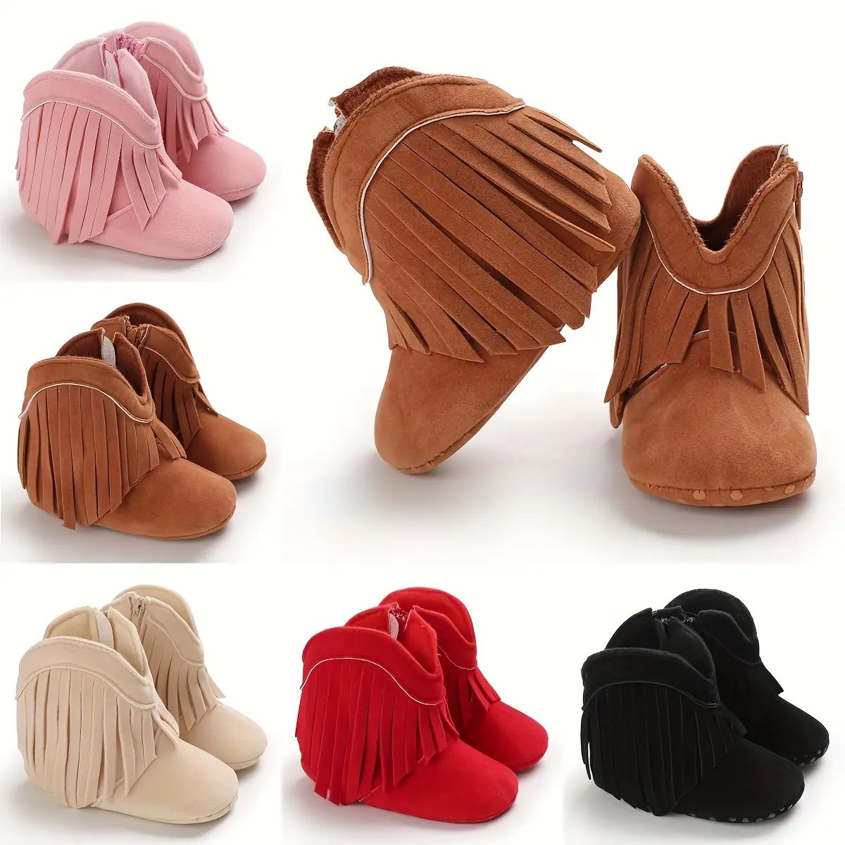 New spring, autumn, and winter baby boots with tassels, fashionable soft-soled toddler shoes girls aged 0-1 year, zipper style