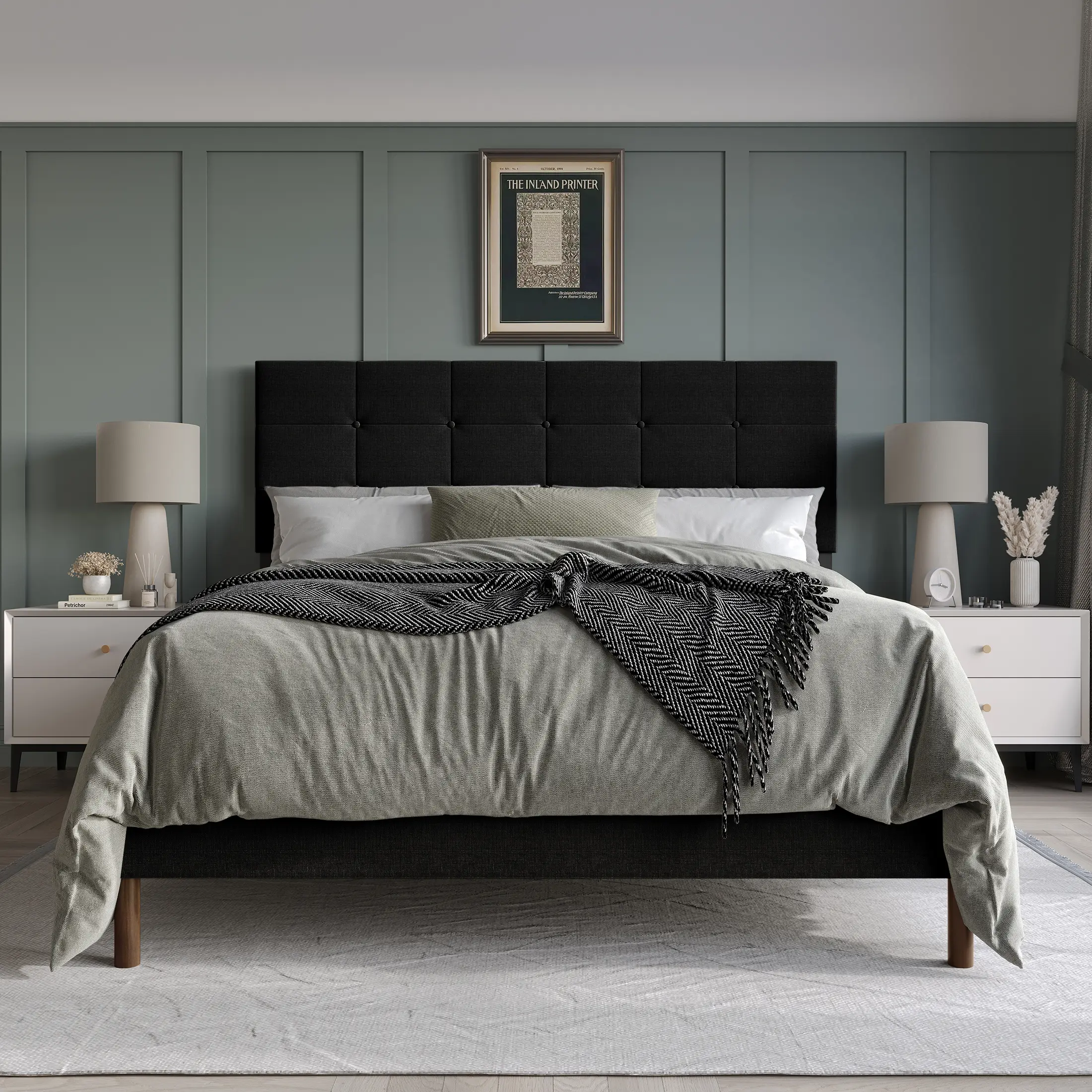 Modern Black Tufted Bed with Wooden Legs and Neutral Bedding for Contemporary Bedroom Decor