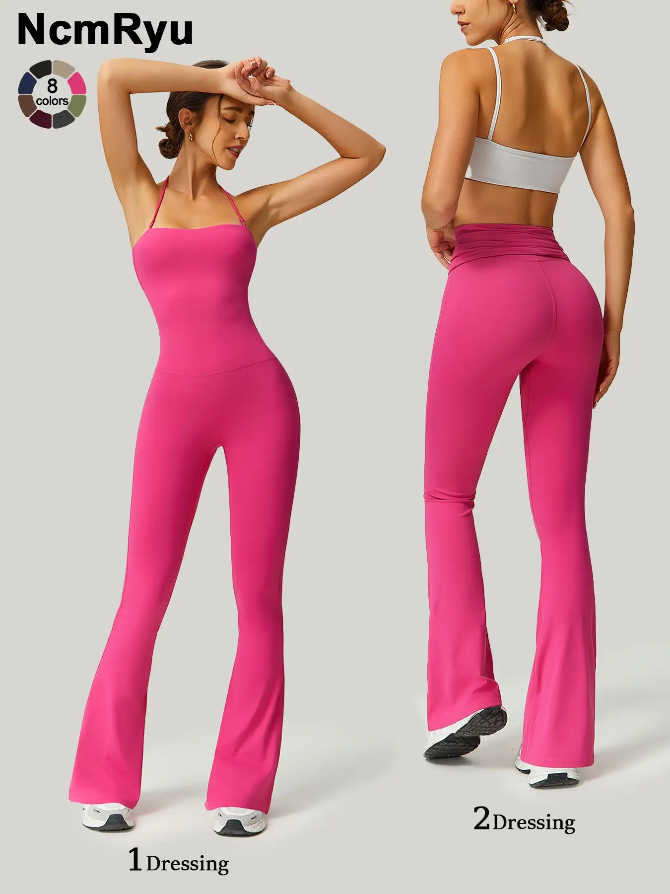 Women's Strapless Suspenders Flared Trousers Fitness Training Tights Sleeveless Yoga Trousers Peach Hip Sports Leggings Sexy Yoga Bodysuit Abdomen Tuc