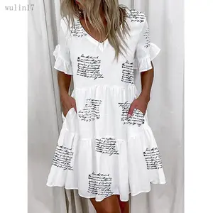 Women's V-Neck Short Sleeve Colorblocked Ruffle Hem Swing Shift Mini Dress - Casual Women's Clothes Suitable for Multiple Seasons