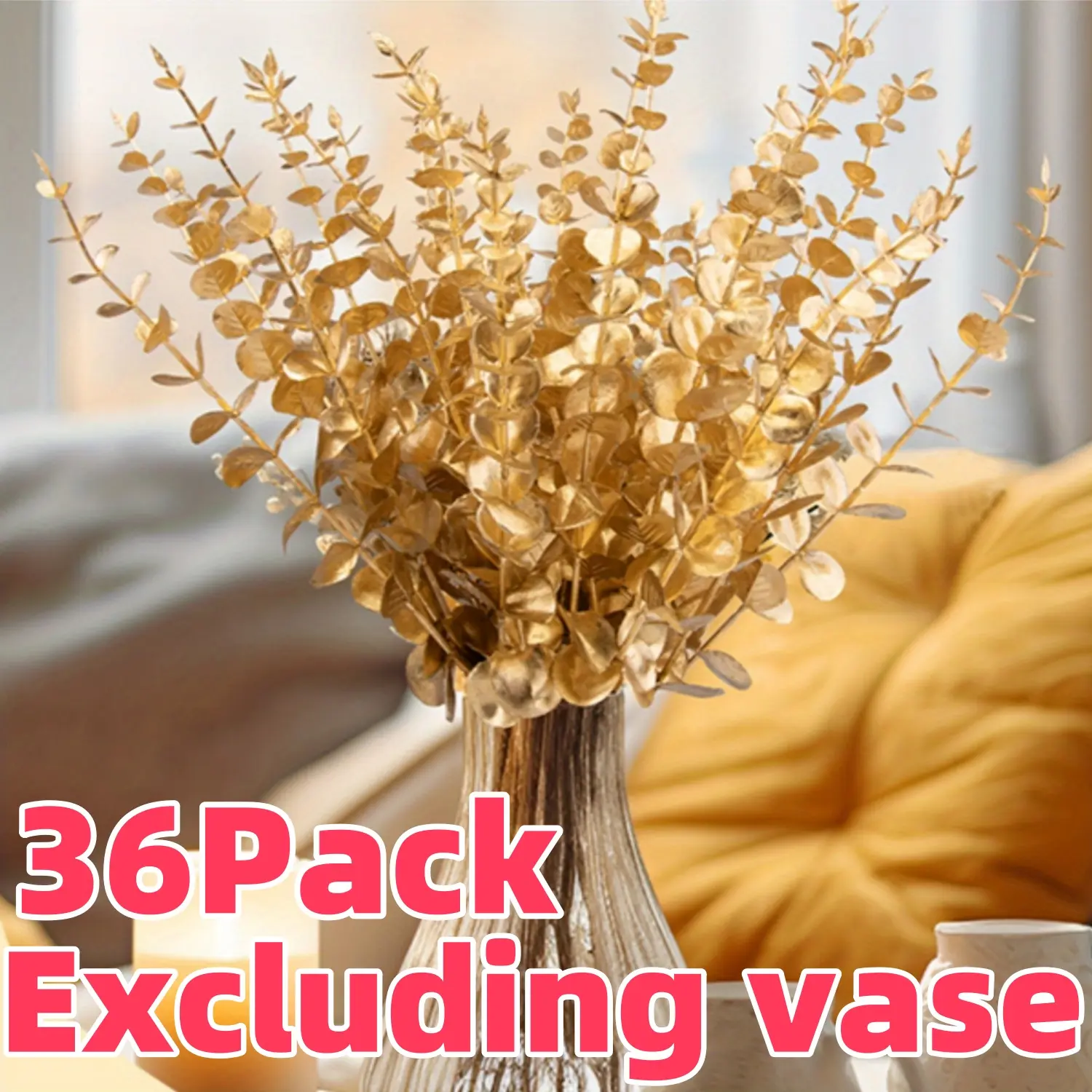 Artificial Gold Eucalyptus 36 Pack Faux Plastic Golden Plants 15" Tall , Wreath Decorations Fake Shrubs for Wedding Hotel Hall Party Indoor Home Table Centerpieces DIY Decor Planting Filler - Home Improvement.