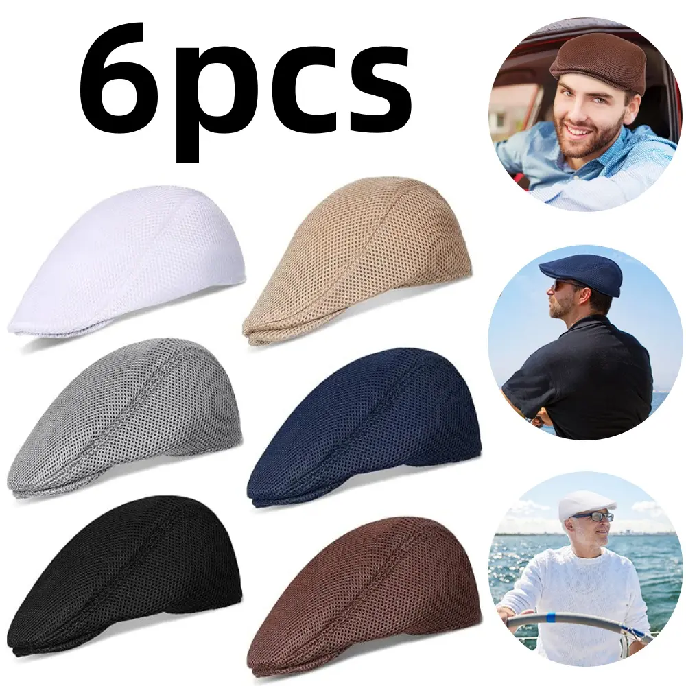 6 pcs Flat Cap Newsboy Hat Lightweight Summer Caps Driving Fishing Golfing Hats Adjustable Breathable Hat Driving Hunting Cap for Men