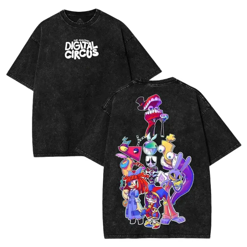 The Amazing Digital Circus Washed Cotton Shirt, TADC Shirt, Graphic Tee, Cartoon Double Printed Vintage Washed Tee Cotton T-shirt Fabric Menswear Top Collar