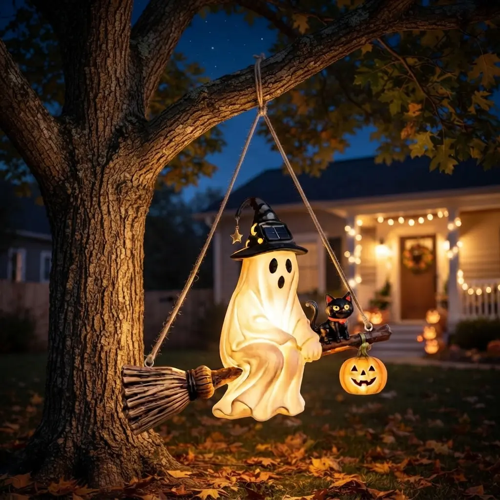 Halloween Solar Ghost on Broomstick Hanging LED Light - Spooky Witch Ghost with Black Cat, Pumpkin Figurine, Waterproof Outdoor Garden Decor for Tree, Porch, Spooky Season Party Supplies Gift