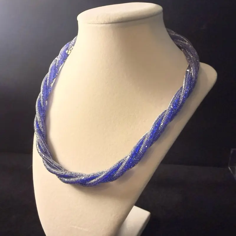 Cobalt Blue Stardust Mesh Twisted Necklace, Silver-Tone Sparkle Statement Piece