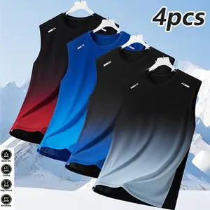Men’s 4-Pack Spring/Summer Lightweight Loose Fit Fashion Printed Gradient Crew Neck Tank Tops, Mesh Design with Gradient Color Patterns, Suitable for Outdoor Running, Training, Fitness, and Other Sports Activities