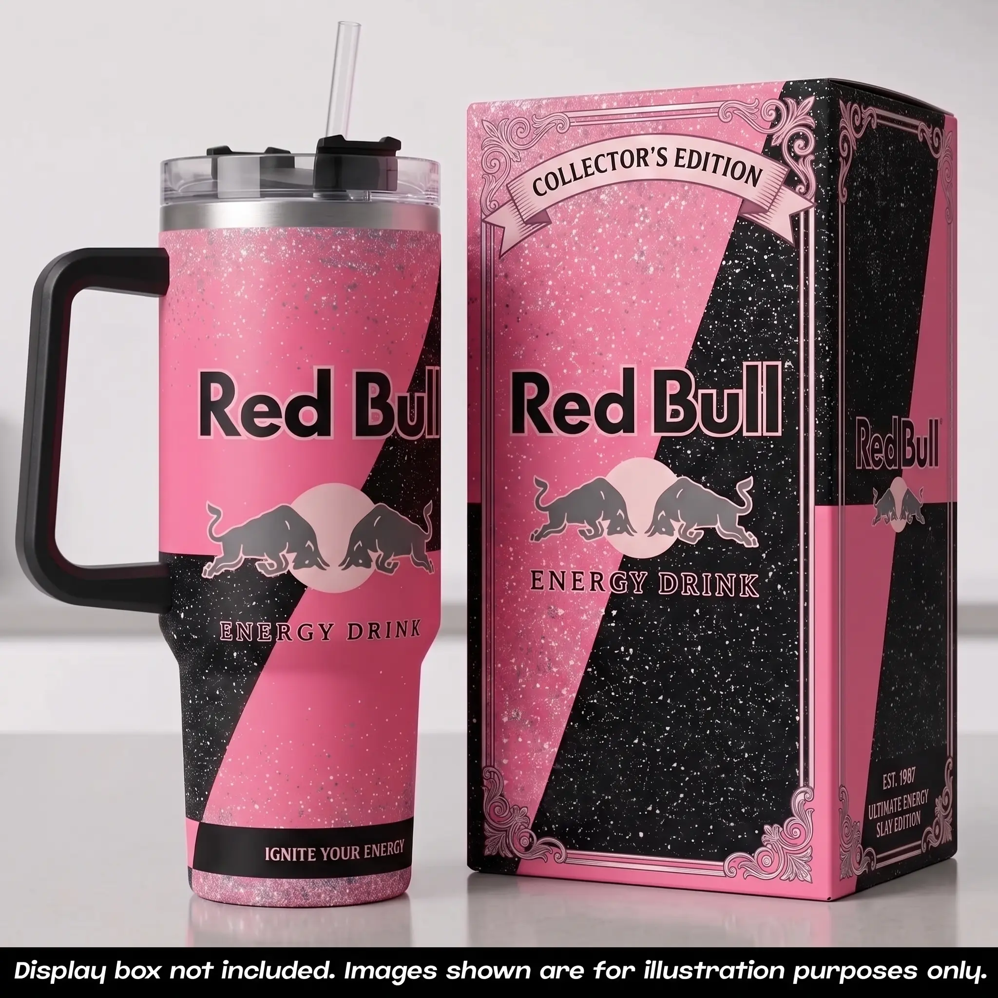 Red Bull 40oz Tumbler With Handle No Box, Energy Drink RB Pink Glitter Travel Mug, Ignite Your Energy Stainless Steel Insulated Cup, Charging Bulls Sports Drinkware, Cold Iced Coffee Water Tumbler, Extreme Sports Fan Gifts