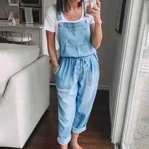 Women'S Denim Sleeveless Overall Jumpsuit With Pockets Drawstring Elastic Casual Long Pants Full Jumpsuit Woman One Piece Lady