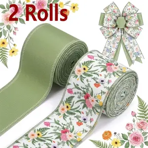 2 Rolls, 10Yard Green Wildflowers Wired Edge continuous Ribbon for Summer Mother's Day Wreath Bow Making DIY Wrapping Party Decor Supplies