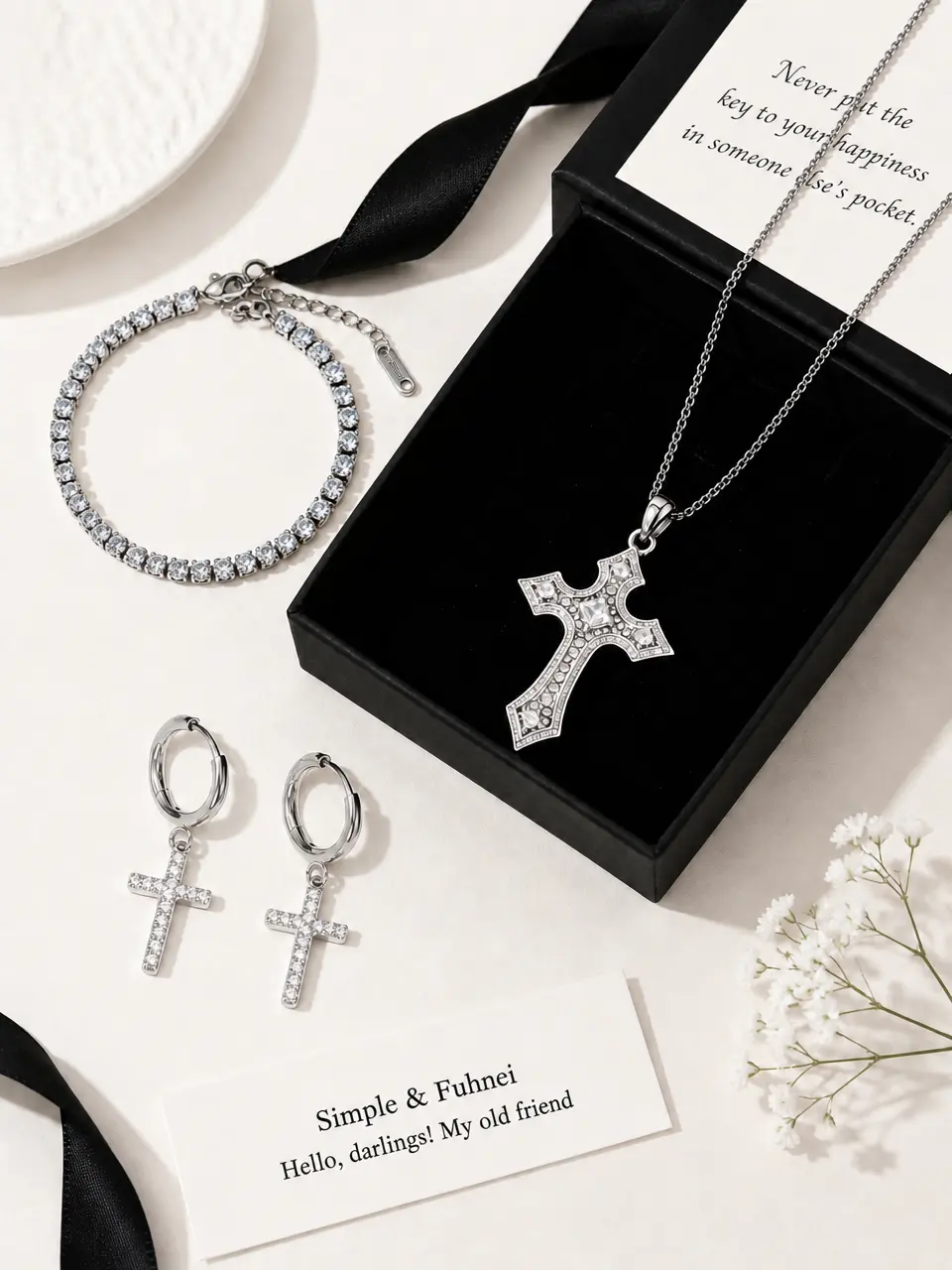 Vintage Cross Set, Hypoallergenic Silver-Tone Necklace Earrings Bracelet