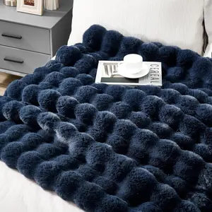 Soft Fuzzy  Bubble Faux   Throw Blanket 60" x 70", Reversible Solid Thick Warm Fluffy Blanket for Winter, Luxe Cozy Puffy Shaggy Furry Blankets for Bed,  Size, Navy Blue