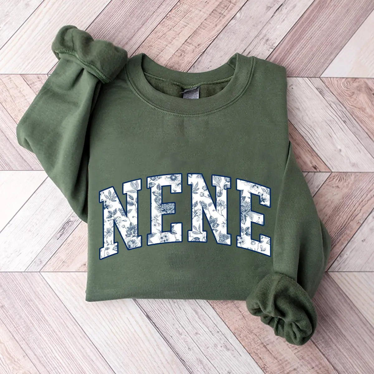 Nene Floral Print Sweatshirt, Olive Green Crewneck for Women-Cozy Nene Gift-Aesthetic Pullover Top-Grandma Nene Apparel-Comfortable Spring Fashion