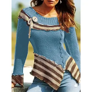 Trendy Striped Slim-Fit Sweater with Lettuce Trim - Comfortable Long Sleeves for Spring & Fall - Versatile Women's Fashion