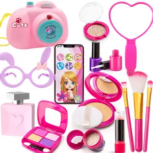 16pcs Girl Pretend Play Makeup Set, Realistic Toy Cosmetics, Role Play Toys for Girls, Includes Mirror, Powder Box, Nail Polish, Brush, Camera, Glasses