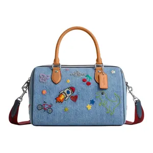 COACH Rowan Satchel 25 Medium Blue Denim with Vachetta Leather and Embroidered Cartoon Pattern Boston Bag for Women