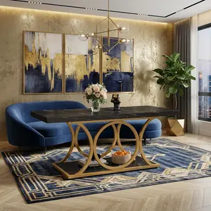 47.24 Inch 2-Tier Coffee Table, Faux Marble Veneer Tabletop with Gold Geometric Metal Legs, Waterproof Scratch Resistant Storage Coffee Table, Modern Luxury Furniture for Living Room Apartment Studio