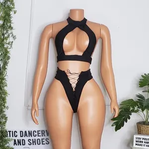 2 black piece lace up dance wear set