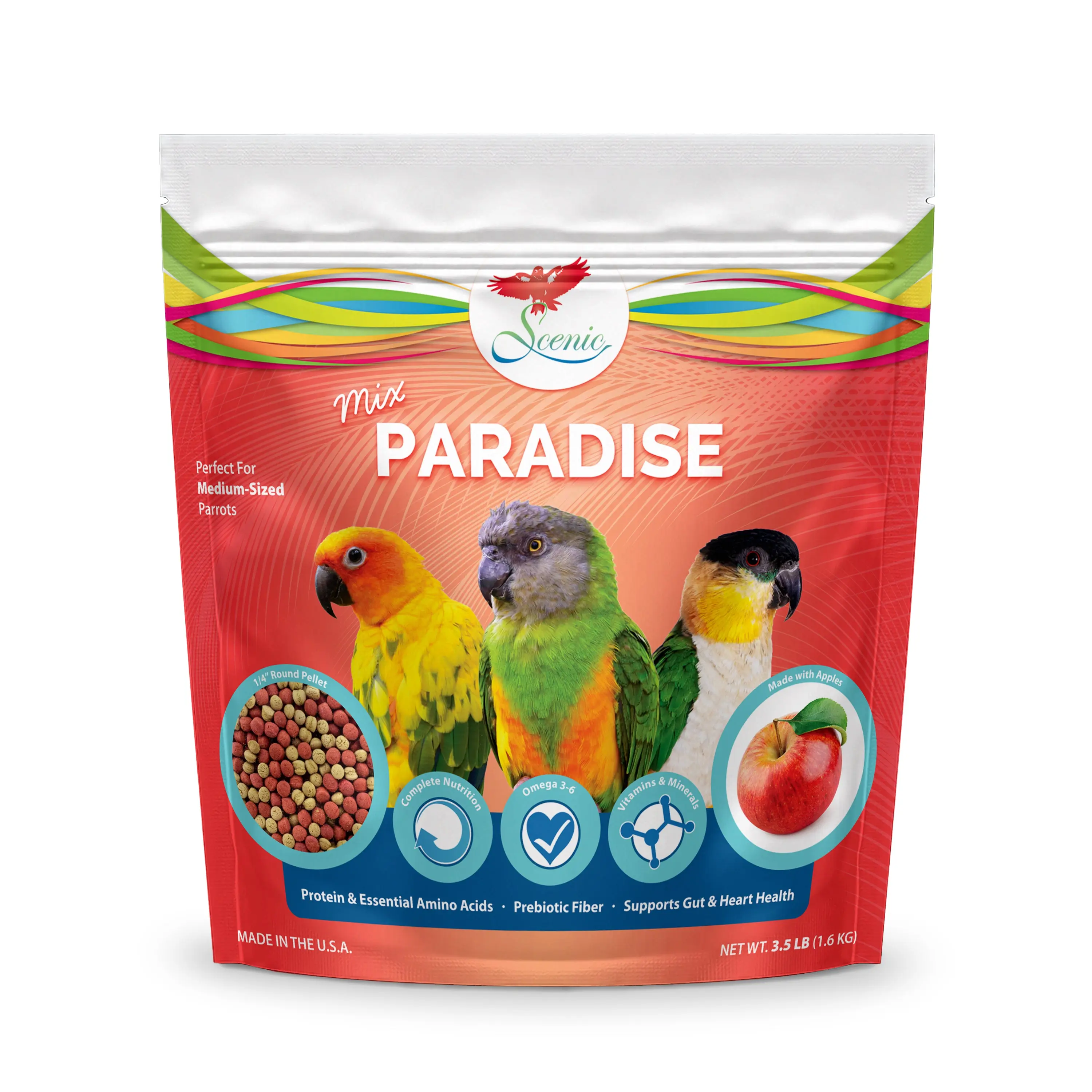 Scenic Mix Paradise Medium Parrot Food - 3.5 lb Bag - 1/4" Bird Pellets - Complete Nutrition for Sun Conures, Pionus, Senegals, Caiques & More