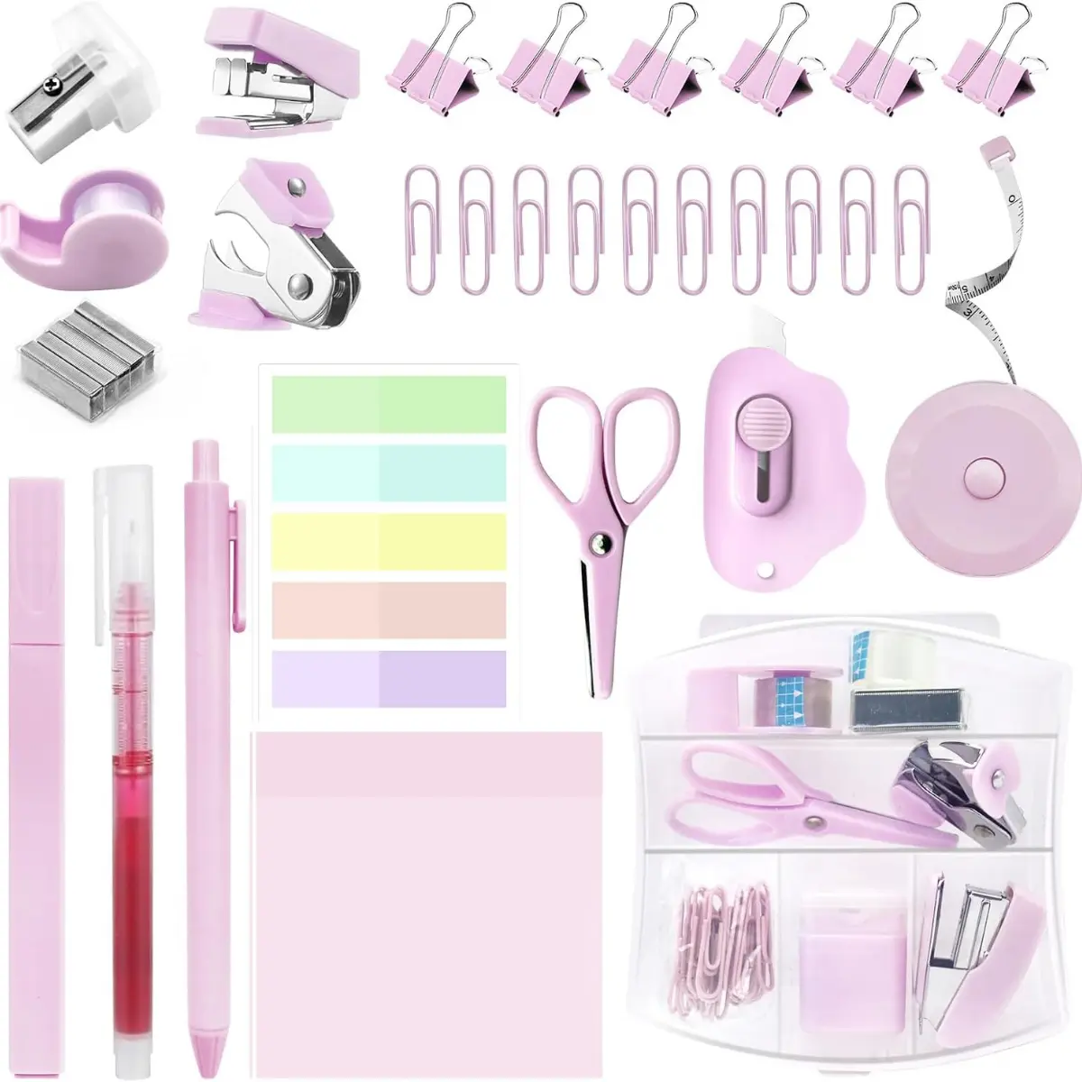 Mini School Supply Kit, Pink Stapler with Staples, Tape Dispenser Set Including Sticky Notes, Index Tabs, Highlighters, Gel Pens for Office & Back to School Use