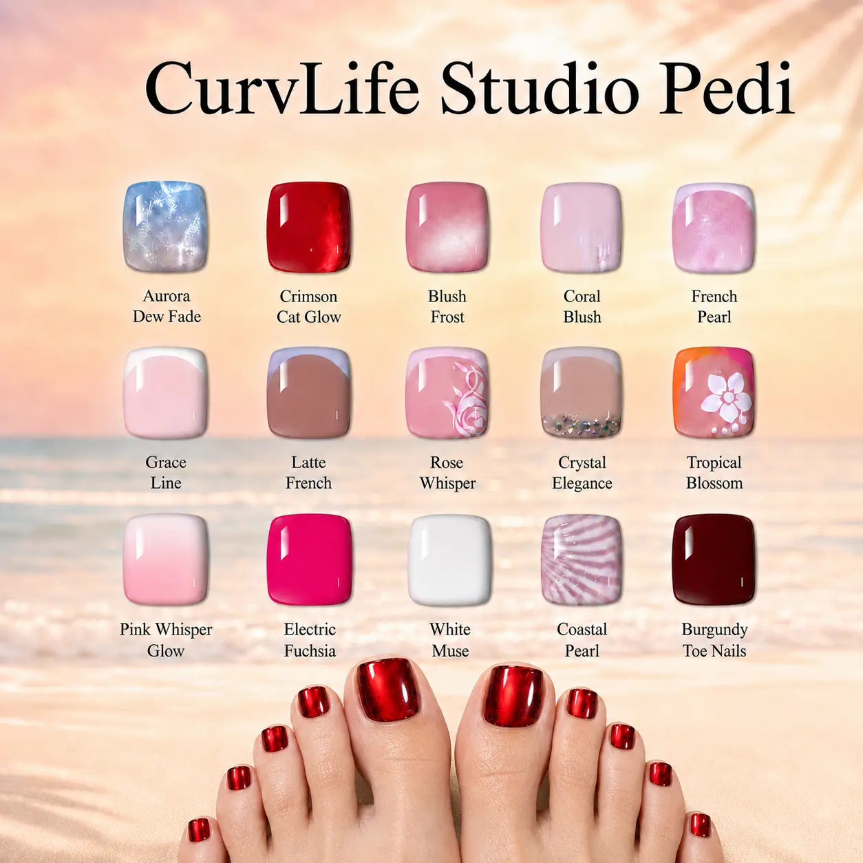 CurvLife Studio Resort Chic Toe Press-On Nails | 30 / 36 PCS | Glossy Full Cover Fake Toenails, Reusable Pedicure Set with Elegant Vacation-Inspired Designs, Comfortable Fit, Easy Apply, Salon-Quality Toenails for Beach and Summer Escape Looks