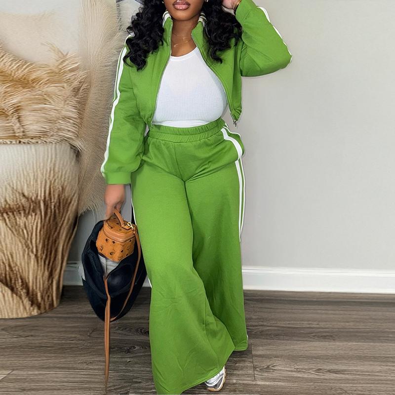 CHICME 2 Pieces Outfit Stand Collar Zip Up Stretchy Hem Crop Coat and Elastic Waist Wide Leg Pants Set Casual Contrast Side Striped Set