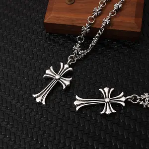 Punk Cross Pendant Necklace for Men Women Retro Casted Chrome Star Design