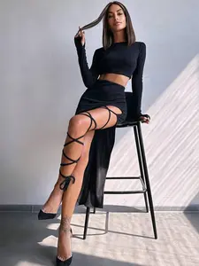 Long Sleeve Cropped Top Set, Outfit, Bandage Split Skirt, Bold Design, Slim Fit, Fashionable Hot Girl Style, Eye-Catching