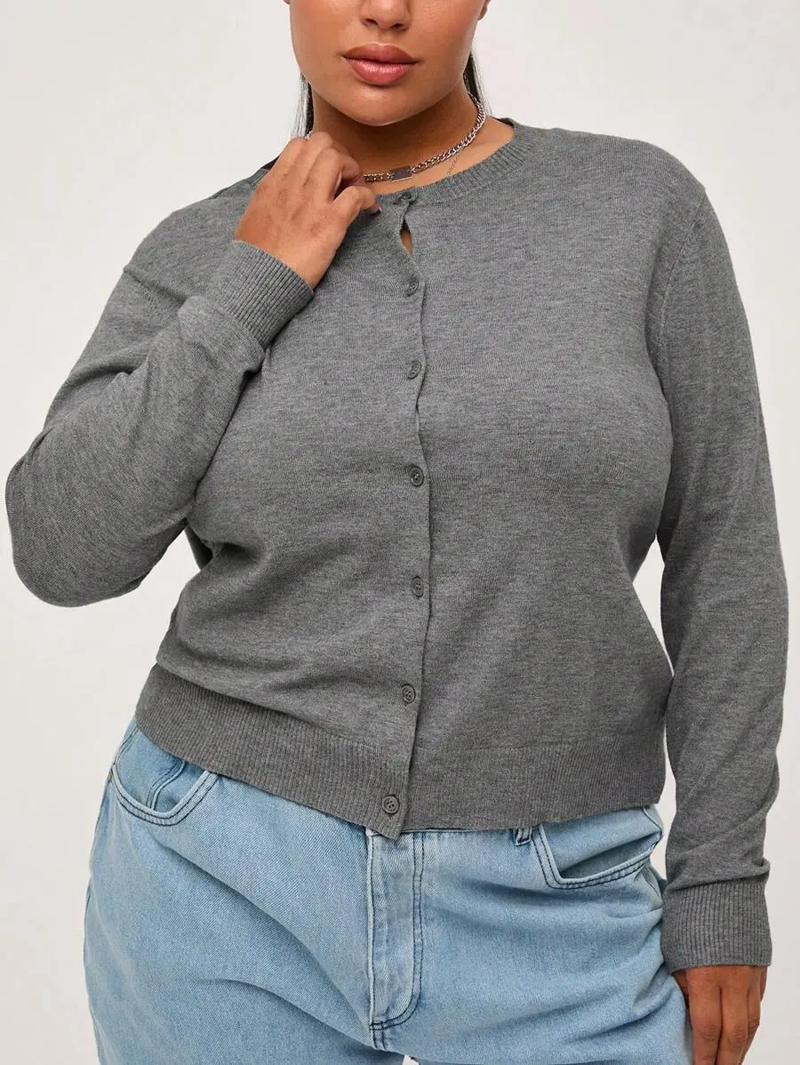 LUNA LAYER Plus Size Women Business Casual Cardigan Button Front Round Neck Loose Long Sleeve Knitwear Light Grey Top