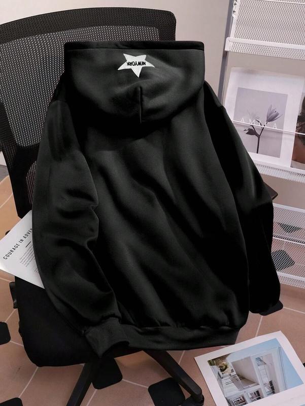 Hot Pink Zip Up Hoodie . Star Patch “New York” & Bold Black Letter Graphic . Trendy Y2K Streetwear Jacket . Encourage Embroidery Detail . Soft Fleece Aesthetic Hoodie for Women