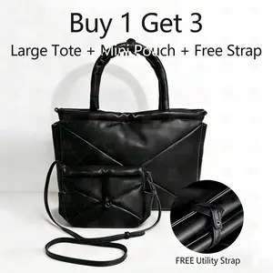 Puffer Tote Bag 3-Piece Set with Mini Pouch & Utility Strap | Quilted Puffy Shoulder Bag Cloud Bag for Women | Aesthetic Travel Essentials Work Office Carry-on Spring 2026 Mother's Day Graduation Essentials