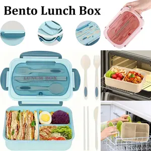 Adult Lunch Box, Includes Cutlery, Leak-Proof, Microwave-Safe, Unisex Food Container, 3-Compartment Design, Available in Pink/Blue/Khaki/Green, Suitable for Back-to-School, Classroom, College, Outdoor Dining, Kitchen, Office, Camping, and Picnics