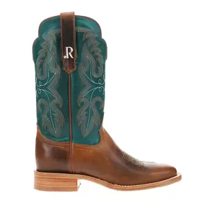 R. Watson Boots Womens Honey Cowhide Embroidered Wide Square Toe  Casual Boots Mid Calf Low Heel 1-2" - Brown