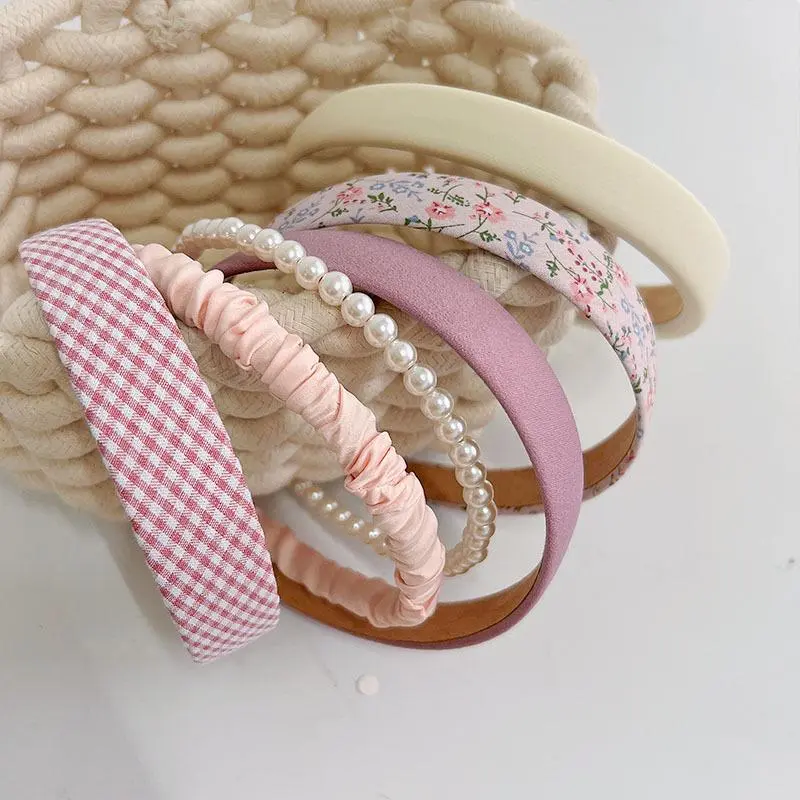 Women's 7-Piece Wide Soft Fabric Headbands Set - Vintage Floral, Gingham Plaid, Pearl Decor Hair Accessories for Daily Hairstyling, Headbands for Women