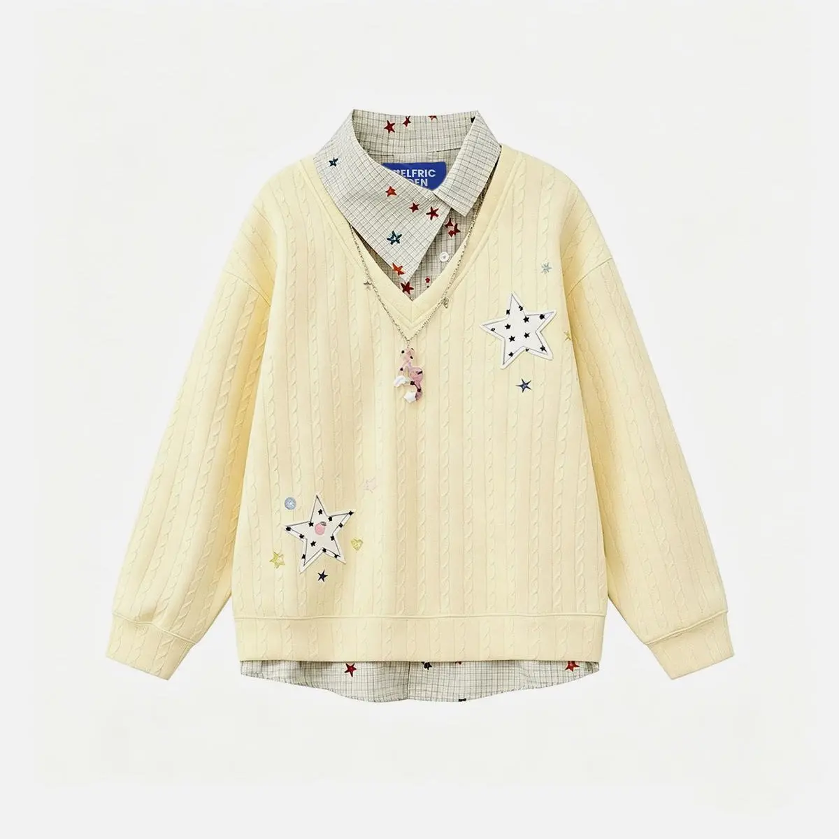 Aelfric Eden Star Patch Layered V Neck Sweater Plaid Collar Cable Knit Oversized Fit Vintage Preppy Y2K Pullover Unisex