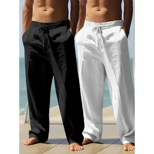 2pcs Men's Breathable Linen Casual Pants - Loose Fit with Drawstring Waist, All-Season Comfort Style, Solid Color with Pockets, Hand Wash/Dry Clean, Non-Stretch Fabric, Beach & Outdoor Leisure Pants