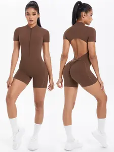 Women's Nylon Zipper Yoga Bodysuit, High-Strength Gym Wear, Sexy Backless Design, Tight-Fitting Plain Color