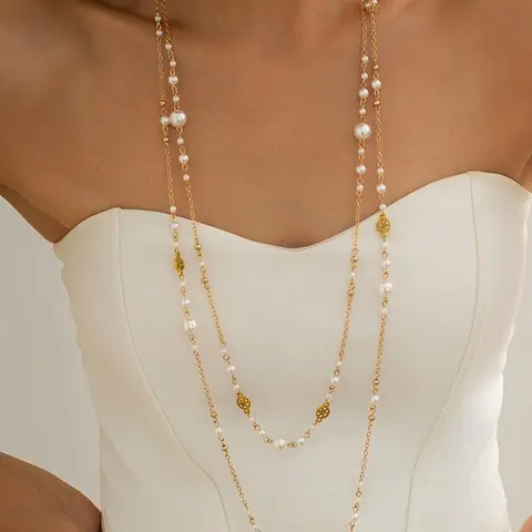 Elegant Imitation Pearl Layered Long Necklace Set for Women, Vintage Ethnic Star Fringe Daily Vacation Party Jewelry, Faux Pearl Jewelry, Necklace Gift, Pearl Chain Necklace, Trendy Necklace, Pearl Necklaces, Necklets