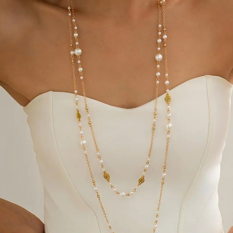 Elegant Imitation Pearl Layered Long Necklace Set for Women, Vintage Ethnic Star Fringe Daily Vacation Party Jewelry, Faux Pearl Jewelry, Necklace Gift, Pearl Chain Necklace, Trendy Necklace, Pearl Necklaces, Necklets