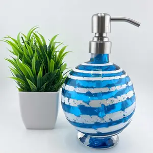 Boho Handblown Glass Soap Dispenser – Aqua Blue with Distressed White Spiral