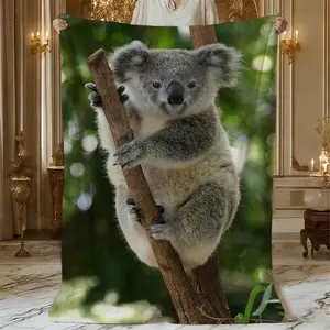1Pc Design koala Patterned Flannel Blanket - 100 polyester high-density weave, soft, lint-free. Covers sofa, chair, picnic mat. Dual-use decor AC blanket, practical gift for Christmas Valentines Day.