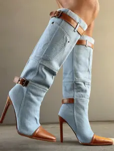 Denim jeans heel boots with pocket and belt