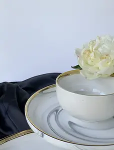 Marcel Ardani 'The Luxury Collection' Small Marble Design Bowl with Gold Trim – Elegant Porcelain Dinnerware