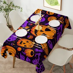 Halloween Purple Pumpkin Tablecloth, Rectangular Fabric Table Cover for Indoor Outdoor Spooky Party, Washable Decorative Kitchen Dining Tablecloth