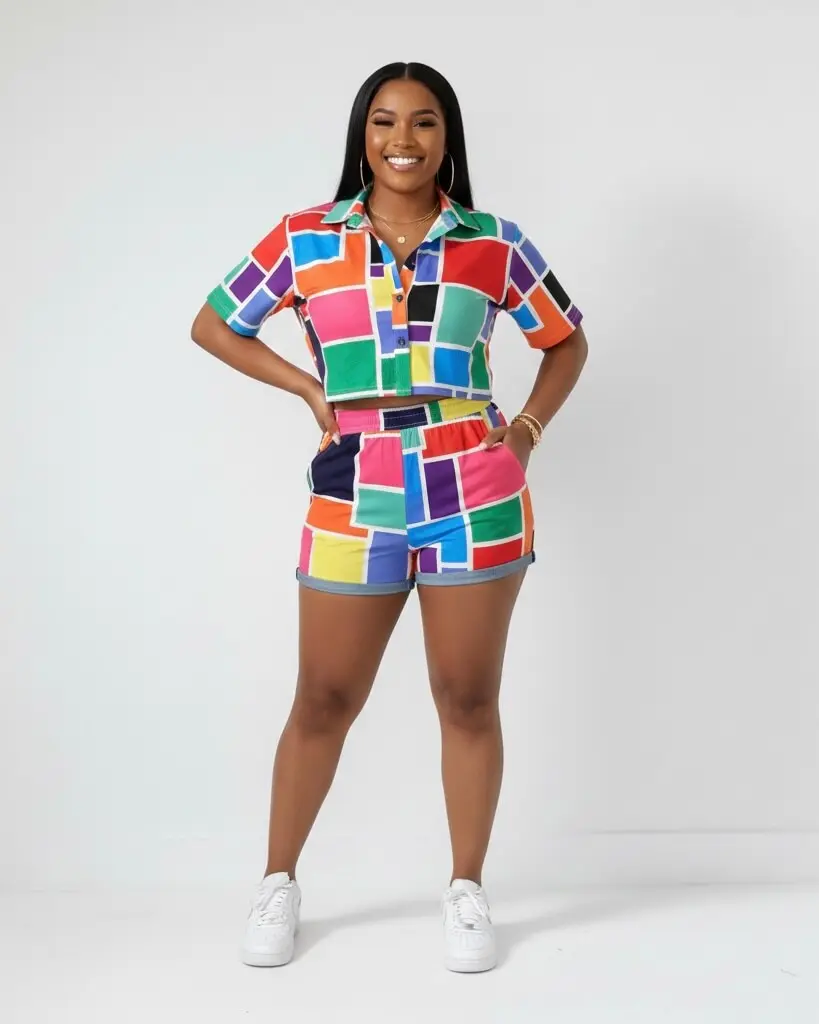 Women's 2-Piece Funky 90s Casual Clothing Set - Fitted Collared Top, Elastic Shorts, Vibrant Colorblock Geometric Square Print, Retro Party Wear, Multiple Colors Available