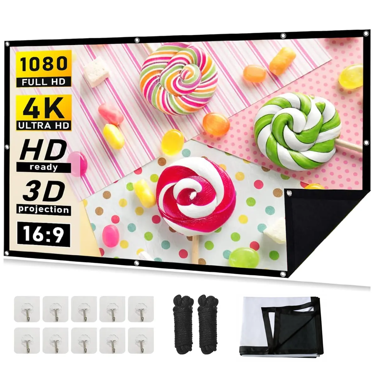 projector screen 120-72 inch 16:9, black and white double-layer thick portable projection movie screen, 160 degree wide-angle opaque  suitable for home theater, outdoor, indoor office double-layer cloth projection screens